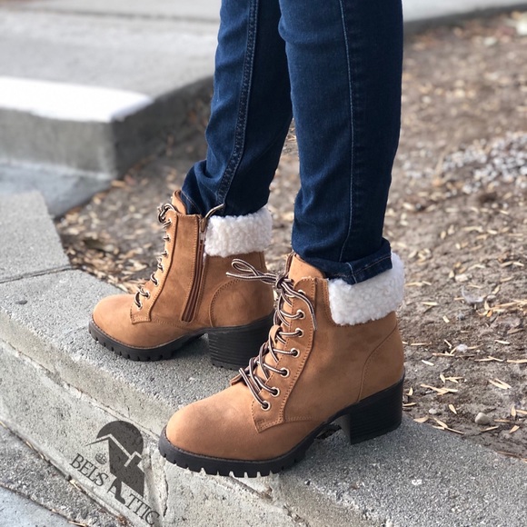 Tan Fur Combat Military heeled boots - Picture 4 of 7